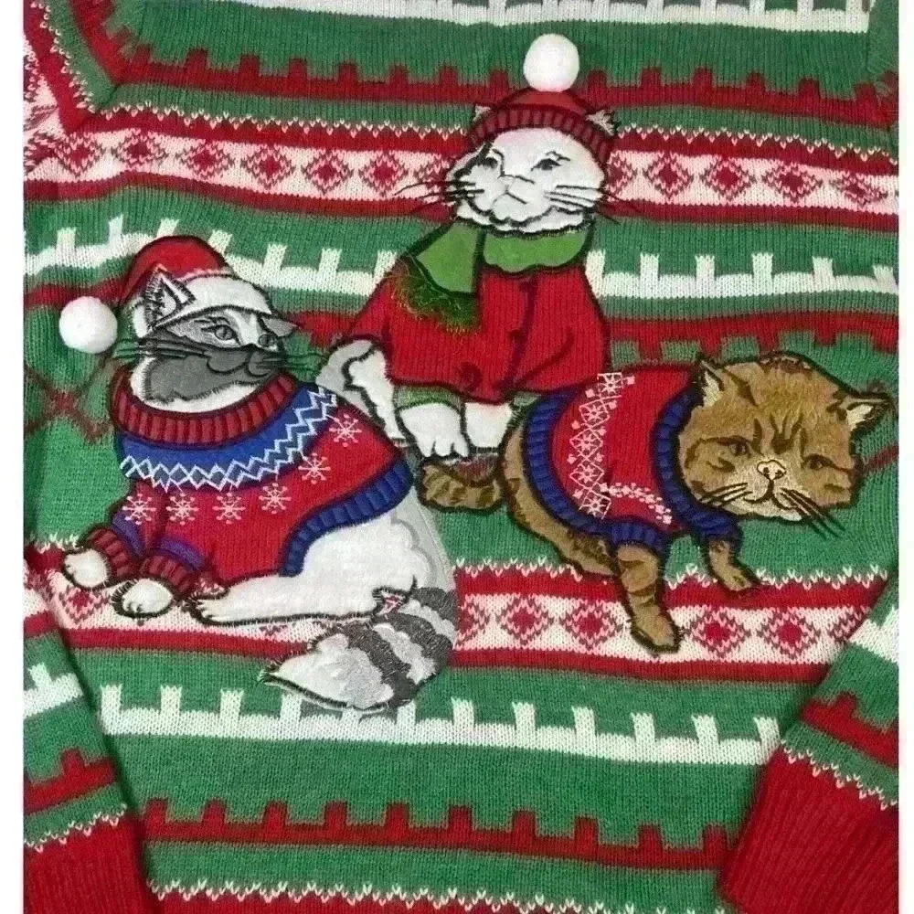Jolly Ugly christmas embroidered Cat sweater Women’s Large Green Red Color - Picture 2 of 7